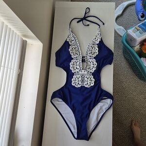 Cupshe Blue Lace Cutout One Piece Bathing Suit Size Medium